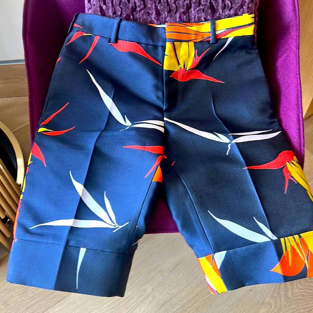 Men's Navy Floral Print Shorts - Vibrant Red & Yellow Accents